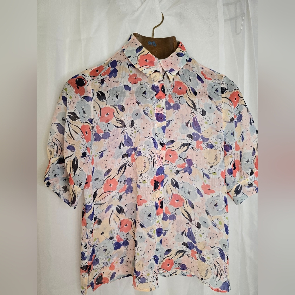 Chaps Floral Sheer Layer Coquette Cottagecore with Short Sleeves - Multicolor